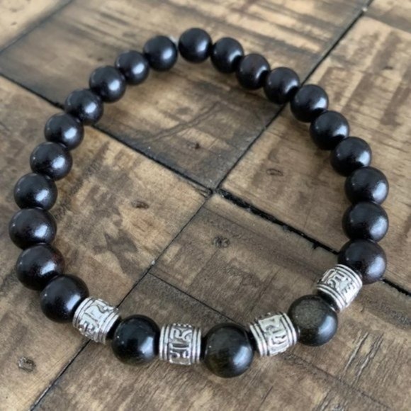 8mm Black Gold Obsidian & Wood Bracelet - Picture 4 of 5